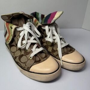Coach Bonney‎ Brown Monogram Canvas Cuff High Top Sneakers Women's Size 6.5M